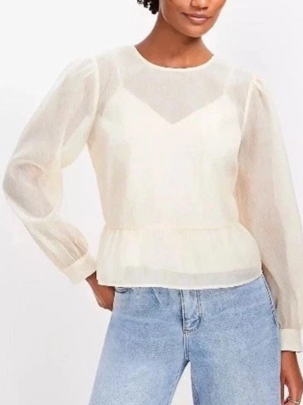 Ann Taylor LOFT Women’s S Feather Print Tie Back Peplum Blouse In Ecru Cloud $70